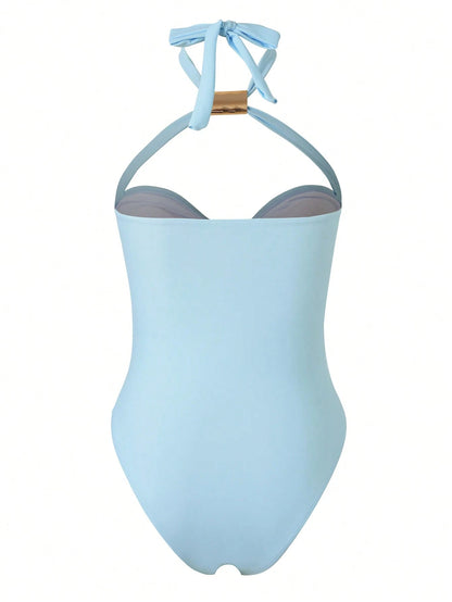 2026 European And American Cross-Border Hot Selling Solid Color Hollow Sexy Halter Tie Swimwear With Mesh Sheer Fabric, Slimming Two-Piece Swimwear Bikini For Beach & Spa Vacation Summer