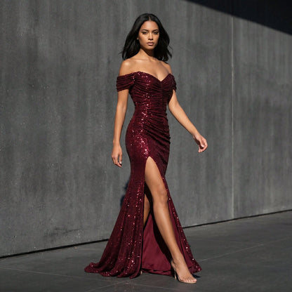 2026 European And American New Style Party Sequin Off-Shoulder Slit Dress INS Casual Fashion Dress For Women