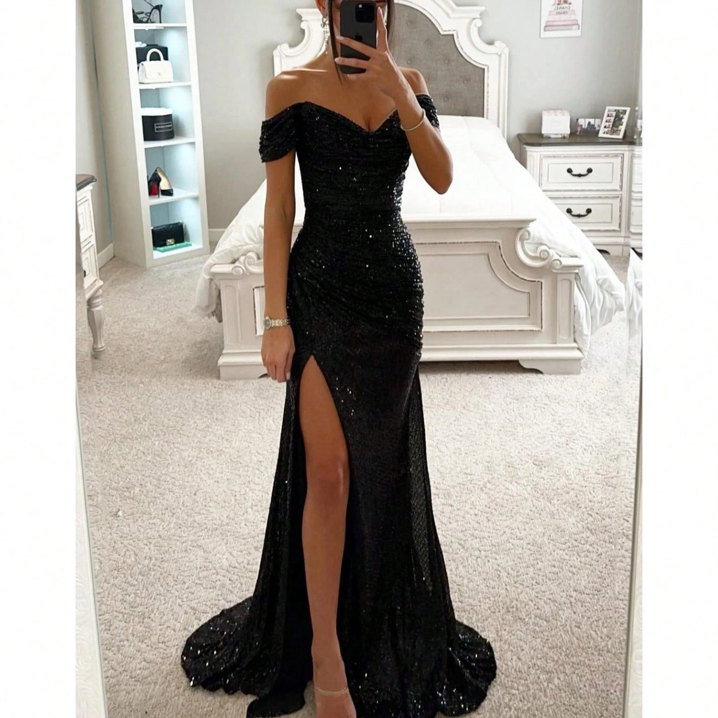2026 European And American New Style Party Sequin Off-Shoulder Slit Dress INS Casual Fashion Dress For Women