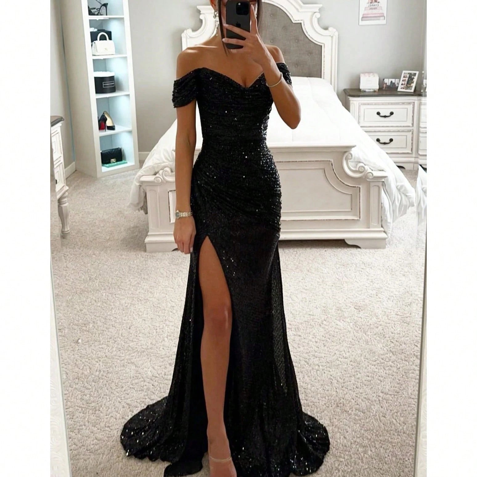 2026 European And American New Style Party Sequin Off-Shoulder Slit Dress INS Casual Fashion Dress For Women