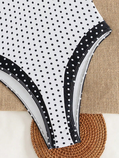 2026 Lucky Girl Series Women's Vintage Elegant Sports Beach Holiday Black Polka Dot Print Contrast Color Chest Ruffle Hollow Tie One Piece Vacation