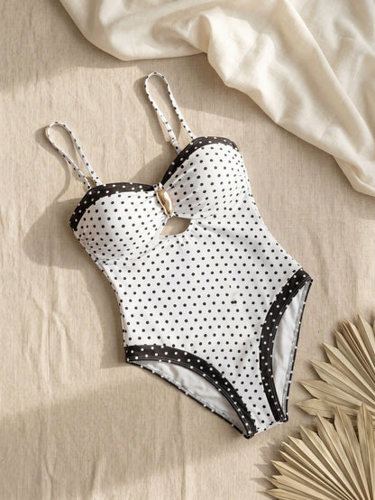 2026 Lucky Girl Series Women's Vintage Elegant Sports Beach Holiday Black Polka Dot Print Contrast Color Chest Ruffle Hollow Tie One Piece Vacation