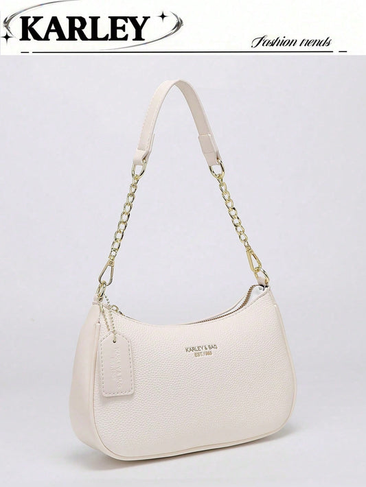 2026 New Classic Wild Letter Pattern Decor Design Solid Color PU Leather Shoulder Bag Moon Bag, Suitable For Shopping, Can Be Worn Crossbody