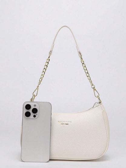 2026 New Classic Wild Letter Pattern Decor Design Solid Color PU Leather Shoulder Bag Moon Bag, Suitable For Shopping, Can Be Worn Crossbody