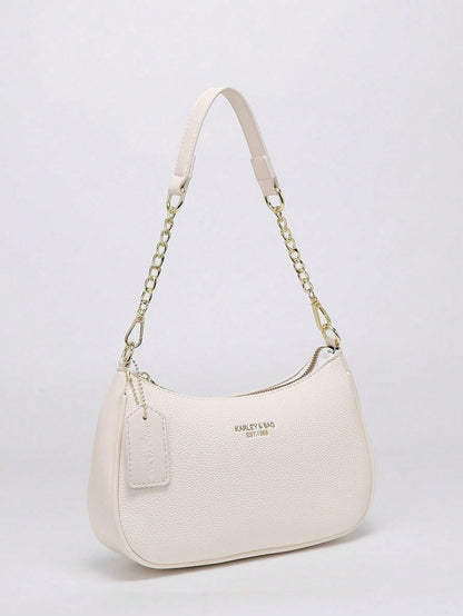 2026 New Classic Wild Letter Pattern Decor Design Solid Color PU Leather Shoulder Bag Moon Bag, Suitable For Shopping, Can Be Worn Crossbody