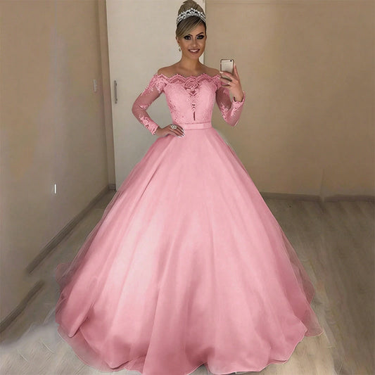 2026 New European And American Off-Shoulder V-Neck Slim-Fit Fashion Lace Trim Skirt With Puffy Train Wedding Dress