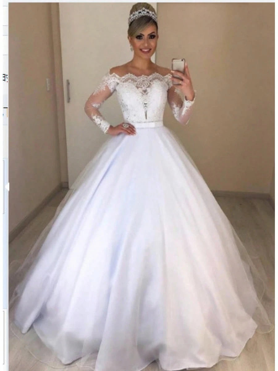 2026 New European And American Off-Shoulder V-Neck Slim-Fit Fashion Lace Trim Skirt With Puffy Train Wedding Dress