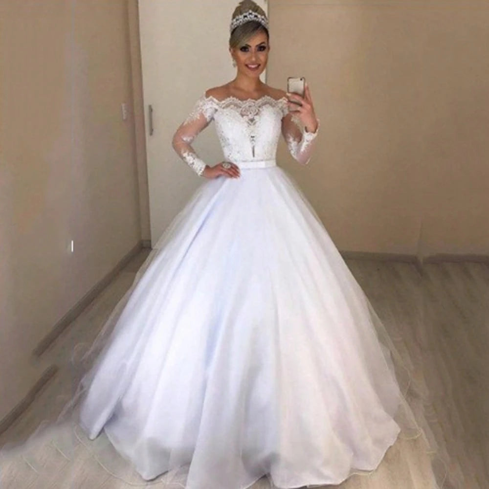 2026 New European And American Off-Shoulder V-Neck Slim-Fit Fashion Lace Trim Skirt With Puffy Train Wedding Dress