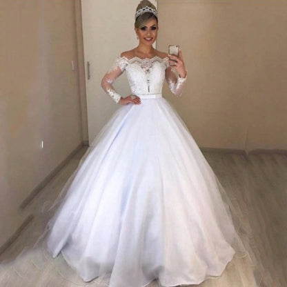2026 New European And American Off-Shoulder V-Neck Slim-Fit Fashion Lace Trim Skirt With Puffy Train Wedding Dress
