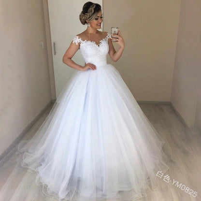 2026 New European And American Off-Shoulder V-Neck Slim-Fit Fashion Lace Trim Skirt With Puffy Train Wedding Dress