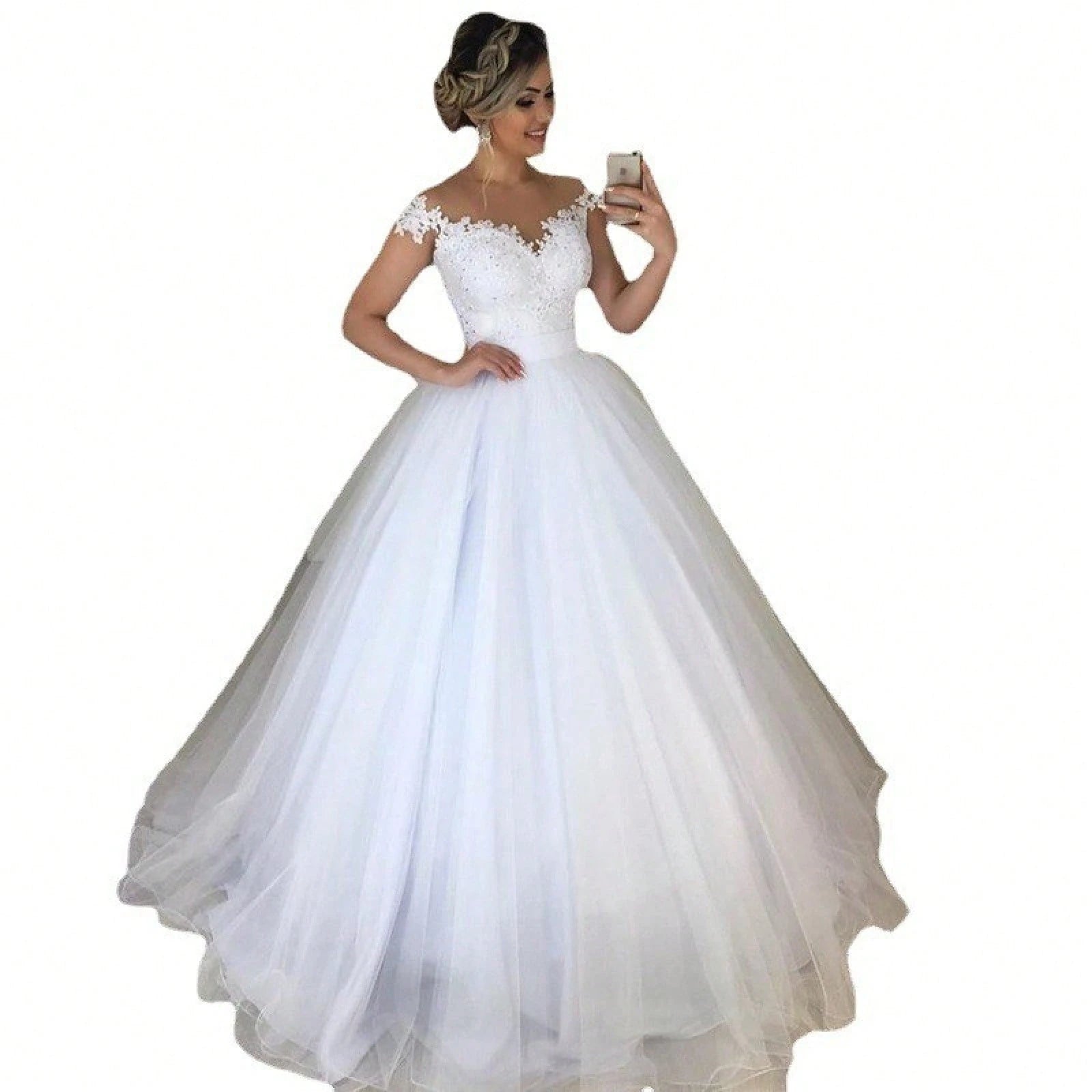 2026 New European And American Off-Shoulder V-Neck Slim-Fit Fashion Lace Trim Skirt With Puffy Train Wedding Dress