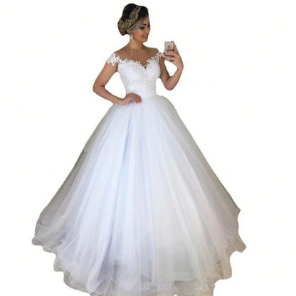 2026 New European And American Off-Shoulder V-Neck Slim-Fit Fashion Lace Trim Skirt With Puffy Train Wedding Dress