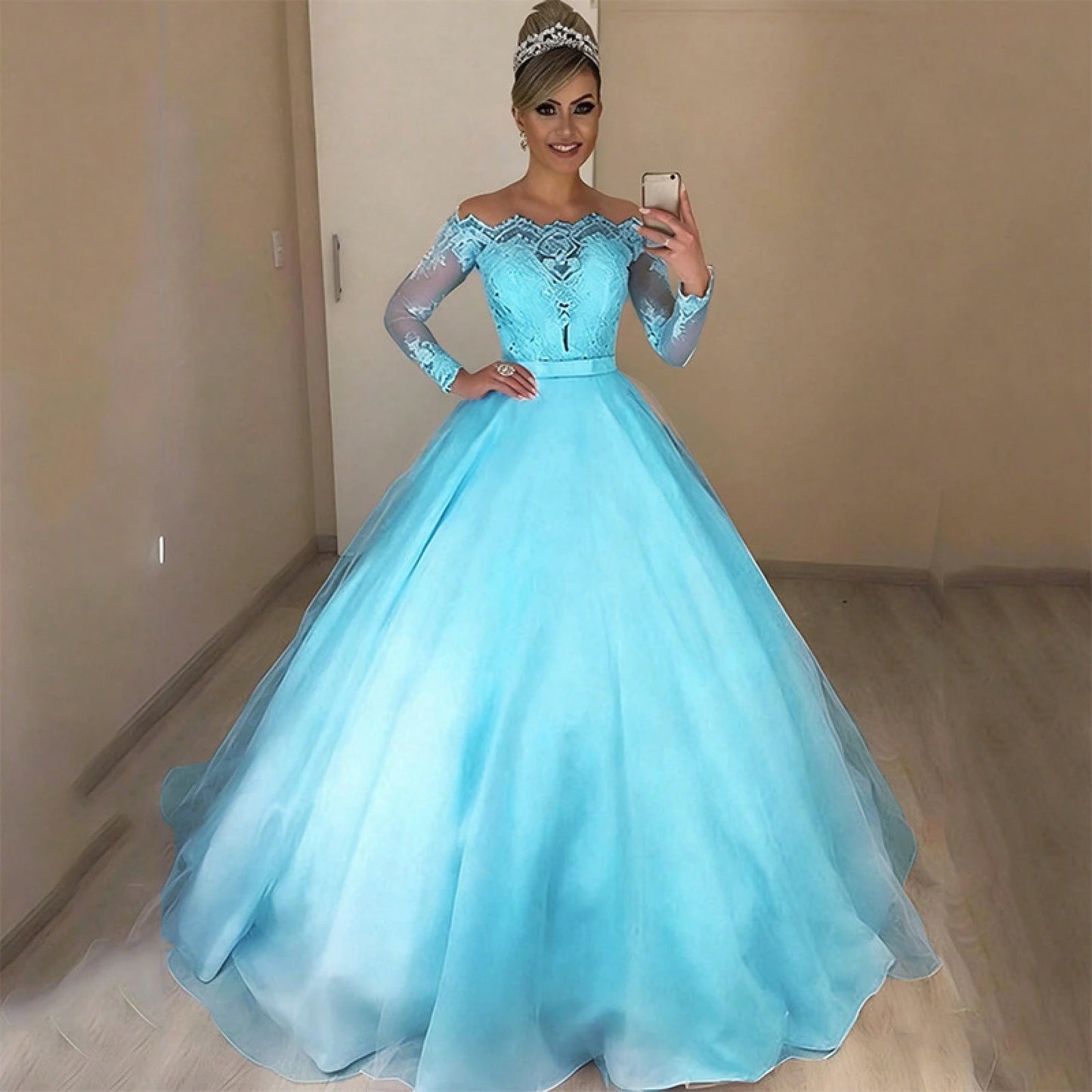 2026 New European And American Off-Shoulder V-Neck Slim-Fit Fashion Lace Trim Skirt With Puffy Train Wedding Dress