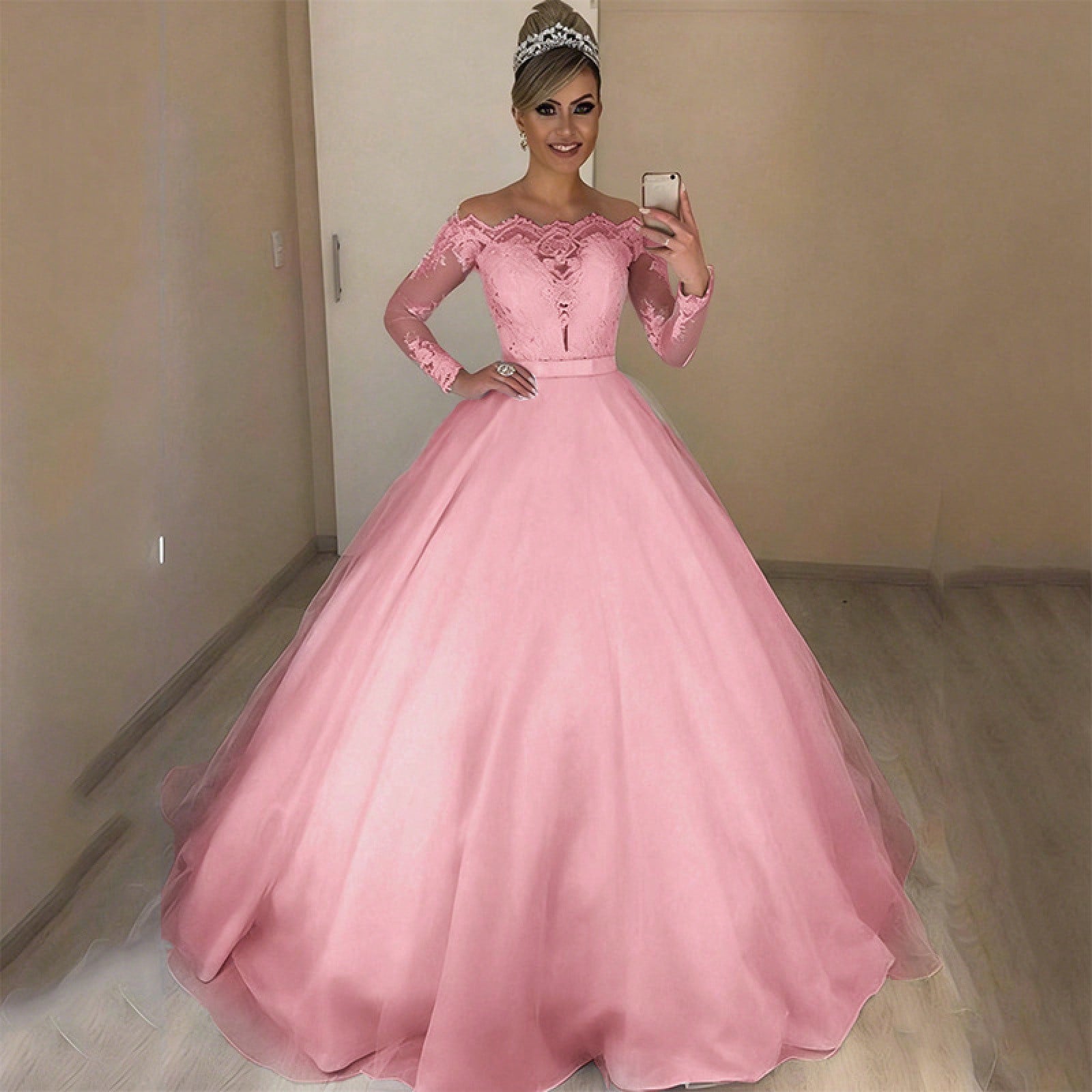 2026 New European And American Off-Shoulder V-Neck Slim-Fit Fashion Lace Trim Skirt With Puffy Train Wedding Dress