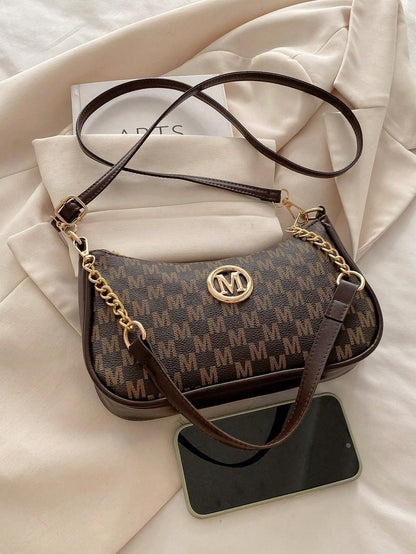 2026 New Fashion Classic PU Waterproof M Letter Print Design Metal Chain Decor Shoulder Crossbody Bag. Suitable For Shopping, Daily Carry