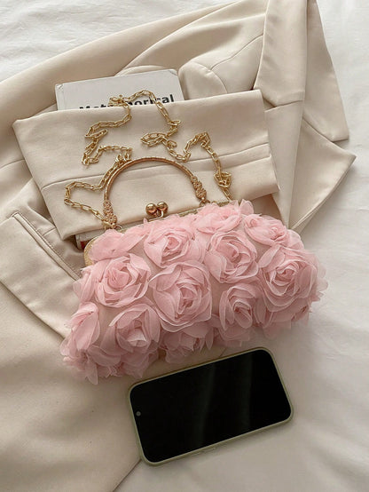 2026 New Floral Chain Clutch Bag, Fashion Women Party Purse,Handbag,Shoulder Bag, Cross-Body Bag, Solid Color [Floral Pattern Randomly Placed]