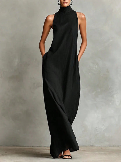 2026 New Linen High Collar Sleeveless Long Dress, Loose And Simple Casual Style, High-Quality Texture, Runway Show Style