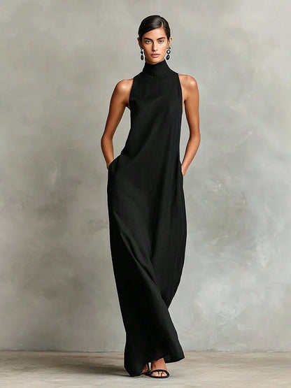 2026 New Linen High Collar Sleeveless Long Dress, Loose And Simple Casual Style, High-Quality Texture, Runway Show Style