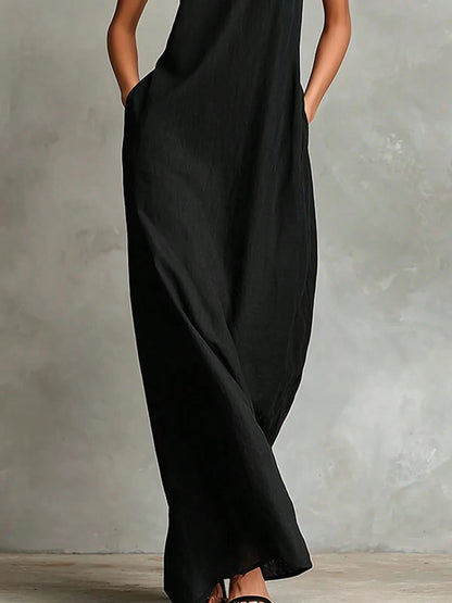 2026 New Linen High Collar Sleeveless Long Dress, Loose And Simple Casual Style, High-Quality Texture, Runway Show Style
