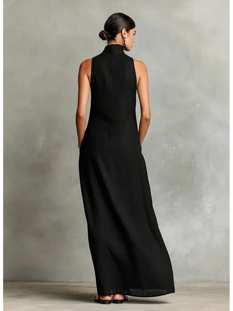 2026 New Linen High Collar Sleeveless Long Dress, Loose And Simple Casual Style, High-Quality Texture, Runway Show Style