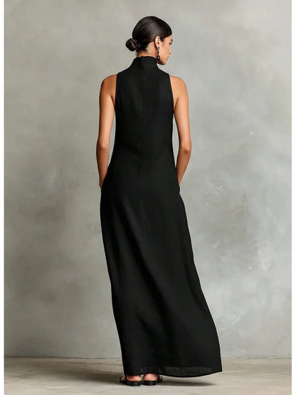 2026 New Linen High Collar Sleeveless Long Dress, Loose And Simple Casual Style, High-Quality Texture, Runway Show Style