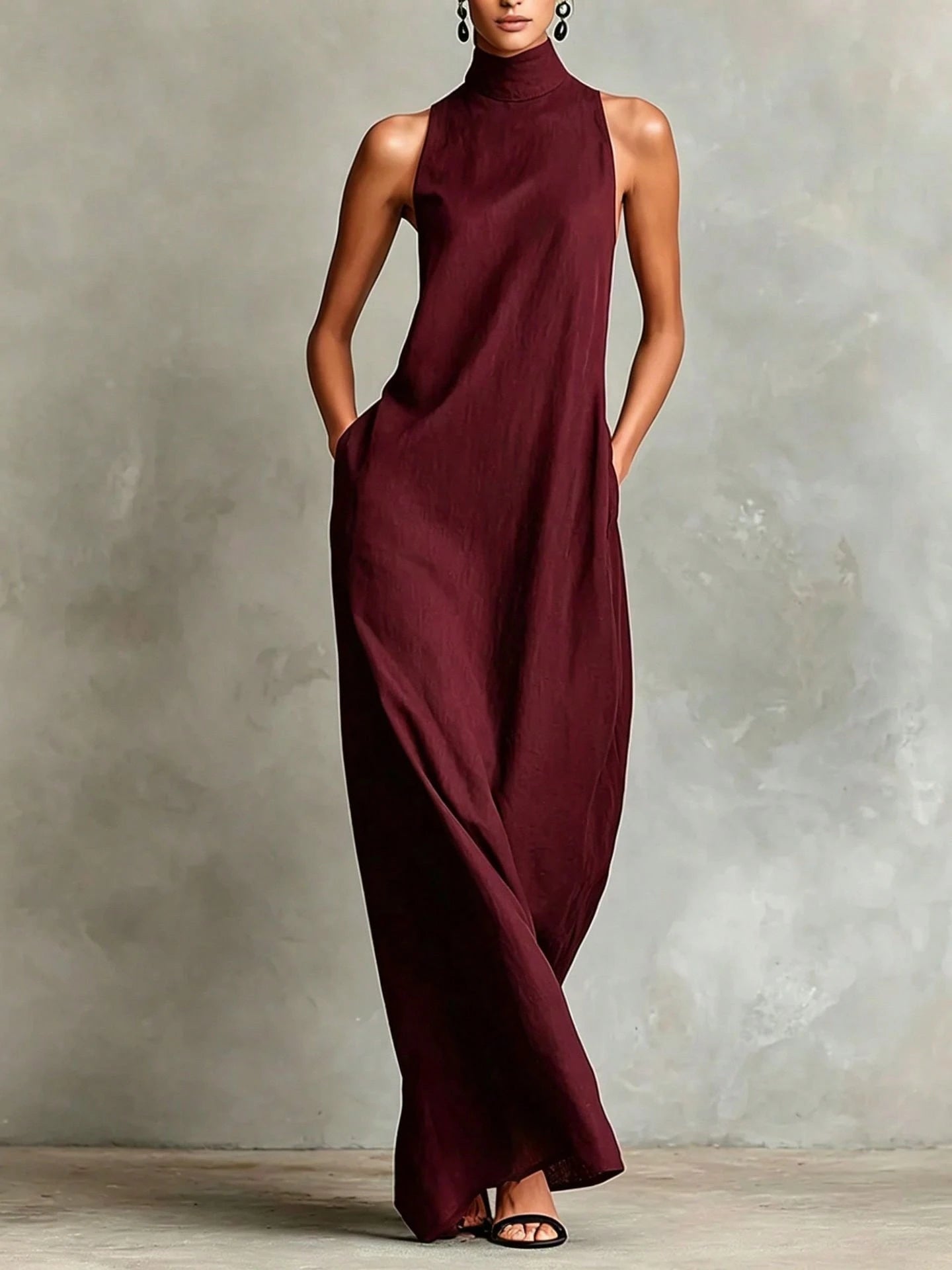2026 New Linen High Collar Sleeveless Long Dress, Loose And Simple Casual Style, High-Quality Texture, Runway Show Style
