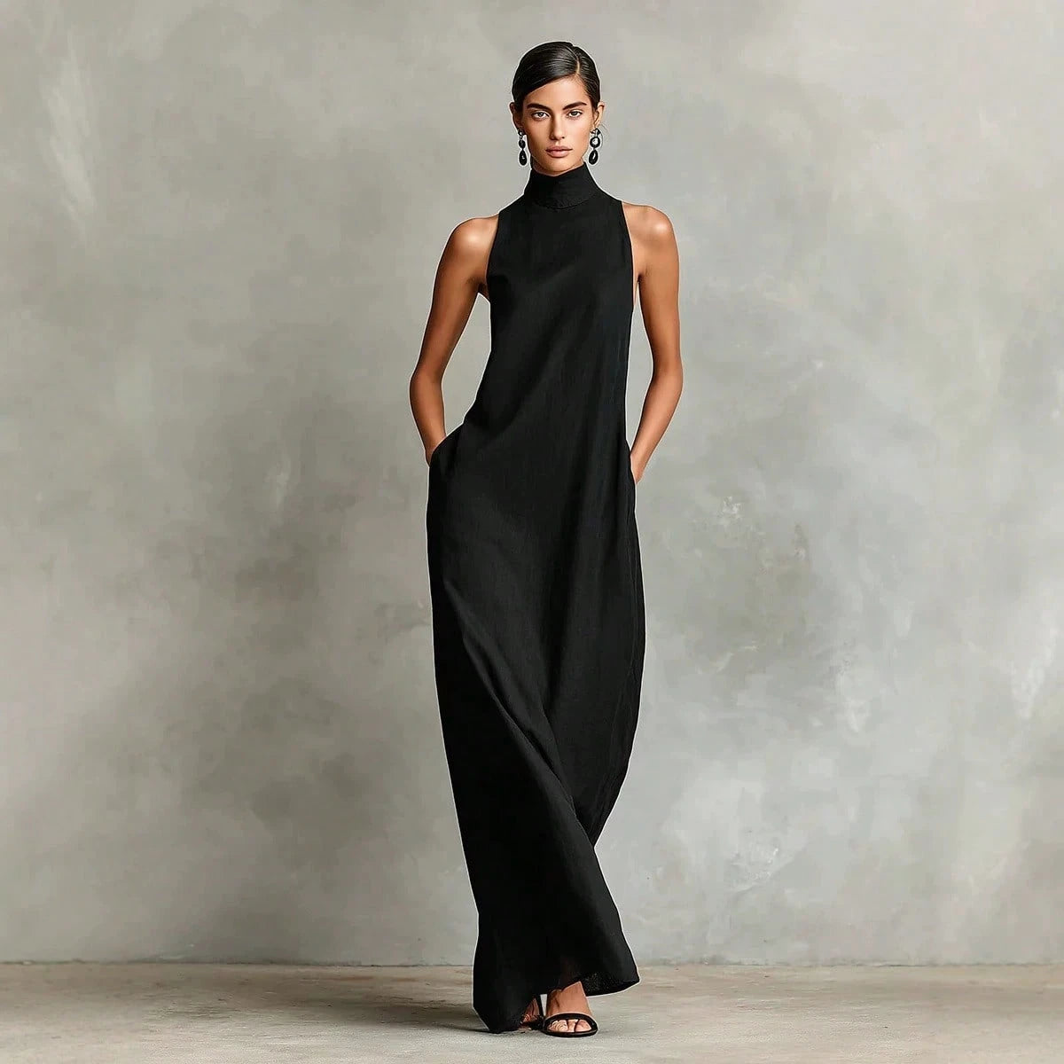 2026 New Linen High Collar Sleeveless Long Dress, Loose And Simple Casual Style, High-Quality Texture, Runway Show Style