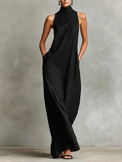 2026 New Linen High Collar Sleeveless Long Dress, Loose And Simple Casual Style, High-Quality Texture, Runway Show Style