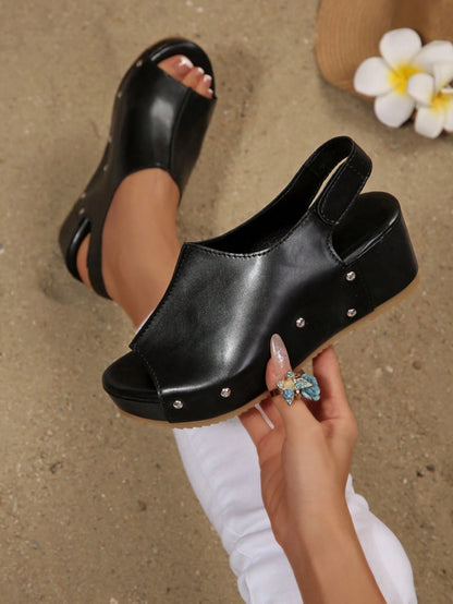 2026 Spring/Summer New Women's Wedge Thick-Soled Sandals, Comfortable Thick-Soled Wedge Brown Open-Toe Sandals With Rivet Decor, Hook And Loop Design, Retro Round Toe Backless Shoes, Casual Resort Haw