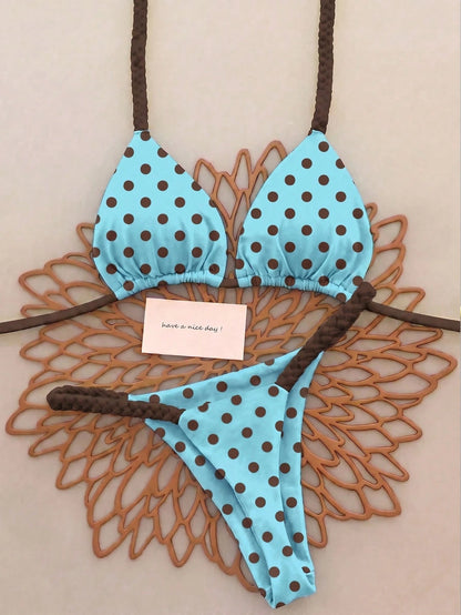 2026 Spring/Summer Women's Fresh Blue Base Brown Dot Woven Cami Bikini Swimsuit, Sexy Beach Vacation Two Pieces Swimwear