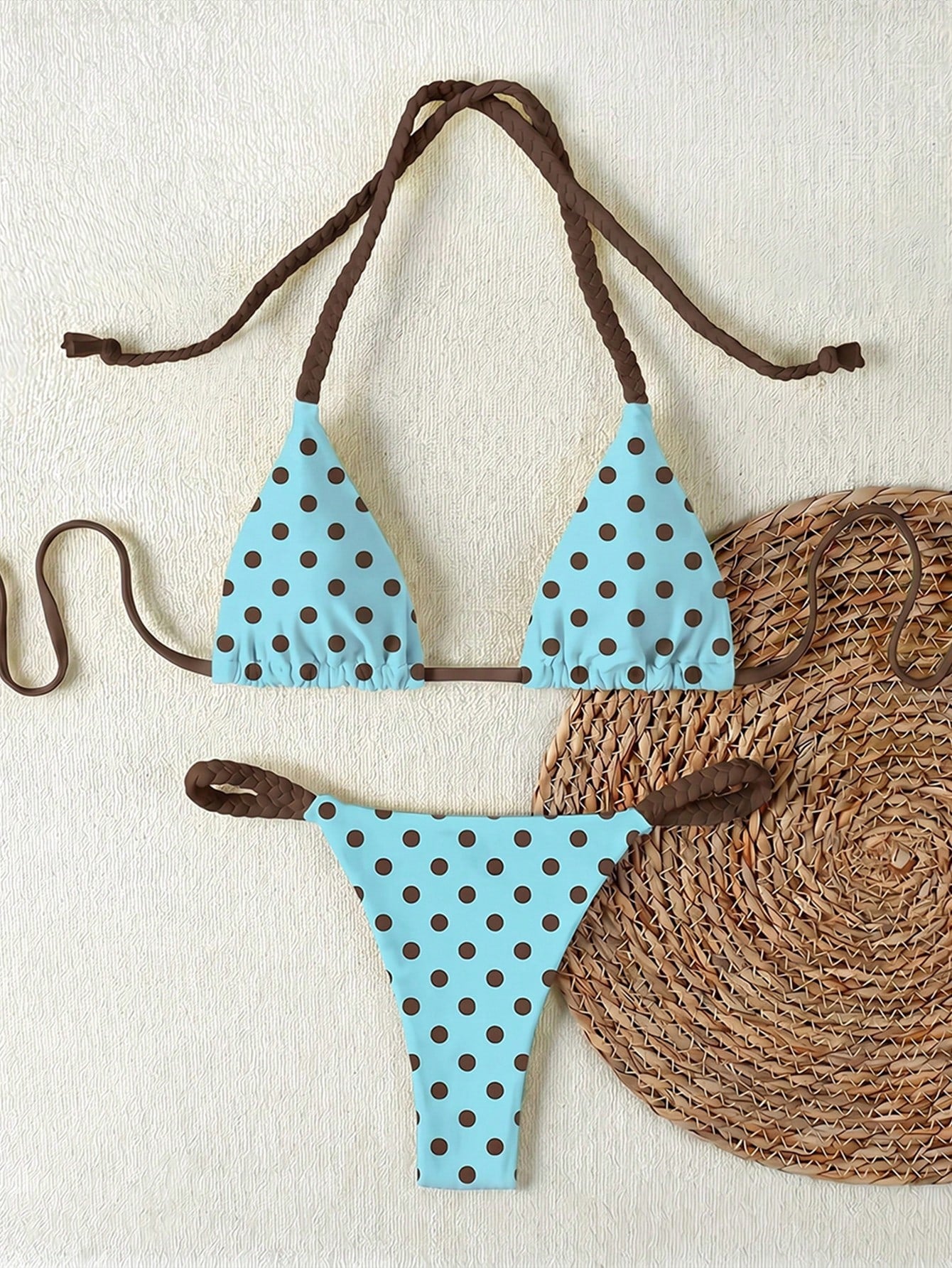 2026 Spring/Summer Women's Fresh Blue Base Brown Dot Woven Cami Bikini Swimsuit, Sexy Beach Vacation Two Pieces Swimwear