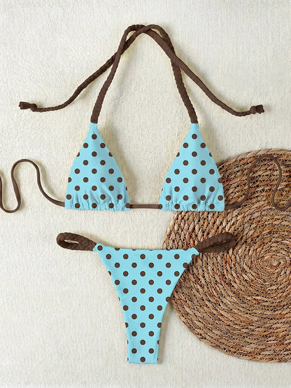 2026 Spring/Summer Women's Fresh Blue Base Brown Dot Woven Cami Bikini Swimsuit, Sexy Beach Vacation Two Pieces Swimwear