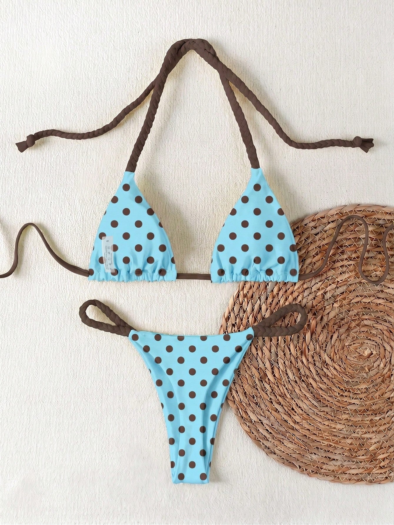 2026 Spring/Summer Women's Fresh Blue Base Brown Dot Woven Cami Bikini Swimsuit, Sexy Beach Vacation Two Pieces Swimwear