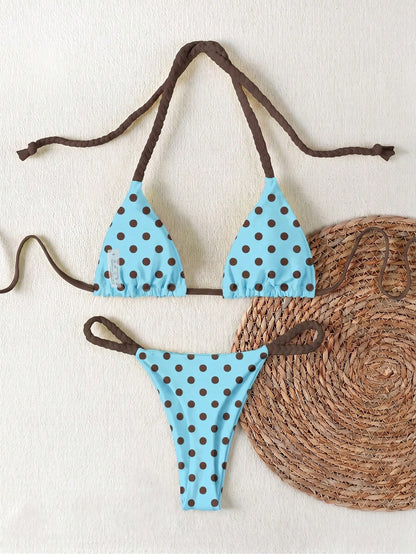 2026 Spring/Summer Women's Fresh Blue Base Brown Dot Woven Cami Bikini Swimsuit, Sexy Beach Vacation Two Pieces Swimwear