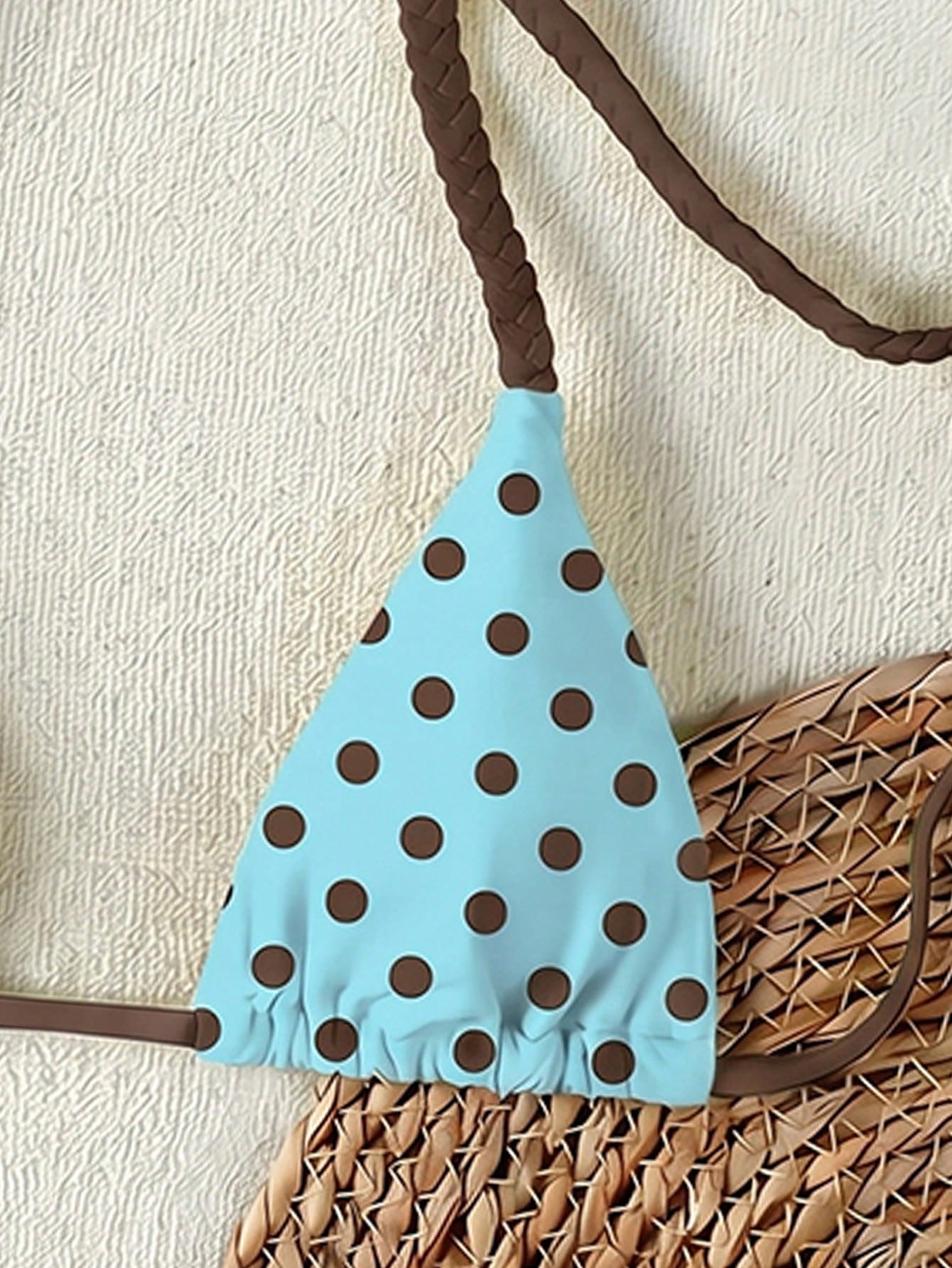 2026 Spring/Summer Women's Fresh Blue Base Brown Dot Woven Cami Bikini Swimsuit, Sexy Beach Vacation Two Pieces Swimwear