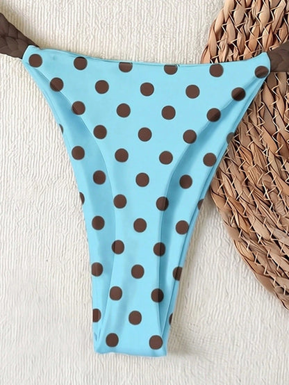 2026 Spring/Summer Women's Fresh Blue Base Brown Dot Woven Cami Bikini Swimsuit, Sexy Beach Vacation Two Pieces Swimwear