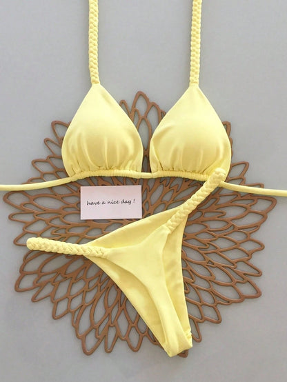 2026 Spring/Summer Women's Fresh Blue Base Brown Dot Woven Cami Bikini Swimsuit, Sexy Beach Vacation Two Pieces Swimwear