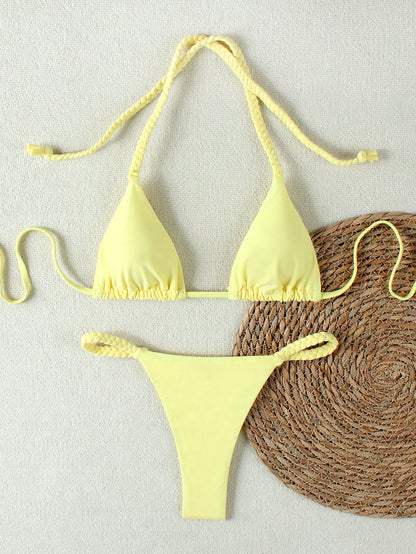 2026 Spring/Summer Women's Fresh Blue Base Brown Dot Woven Cami Bikini Swimsuit, Sexy Beach Vacation Two Pieces Swimwear