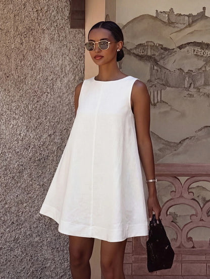 2026 Spring/Summer Women's New Round Neck Casual Elegant Daily Holiday Outing Date Outfit Round Neck Sleeveless Loose A-Line Mini White Dress, Street Style, Party Dress, Women's Vacation Outfit, Women