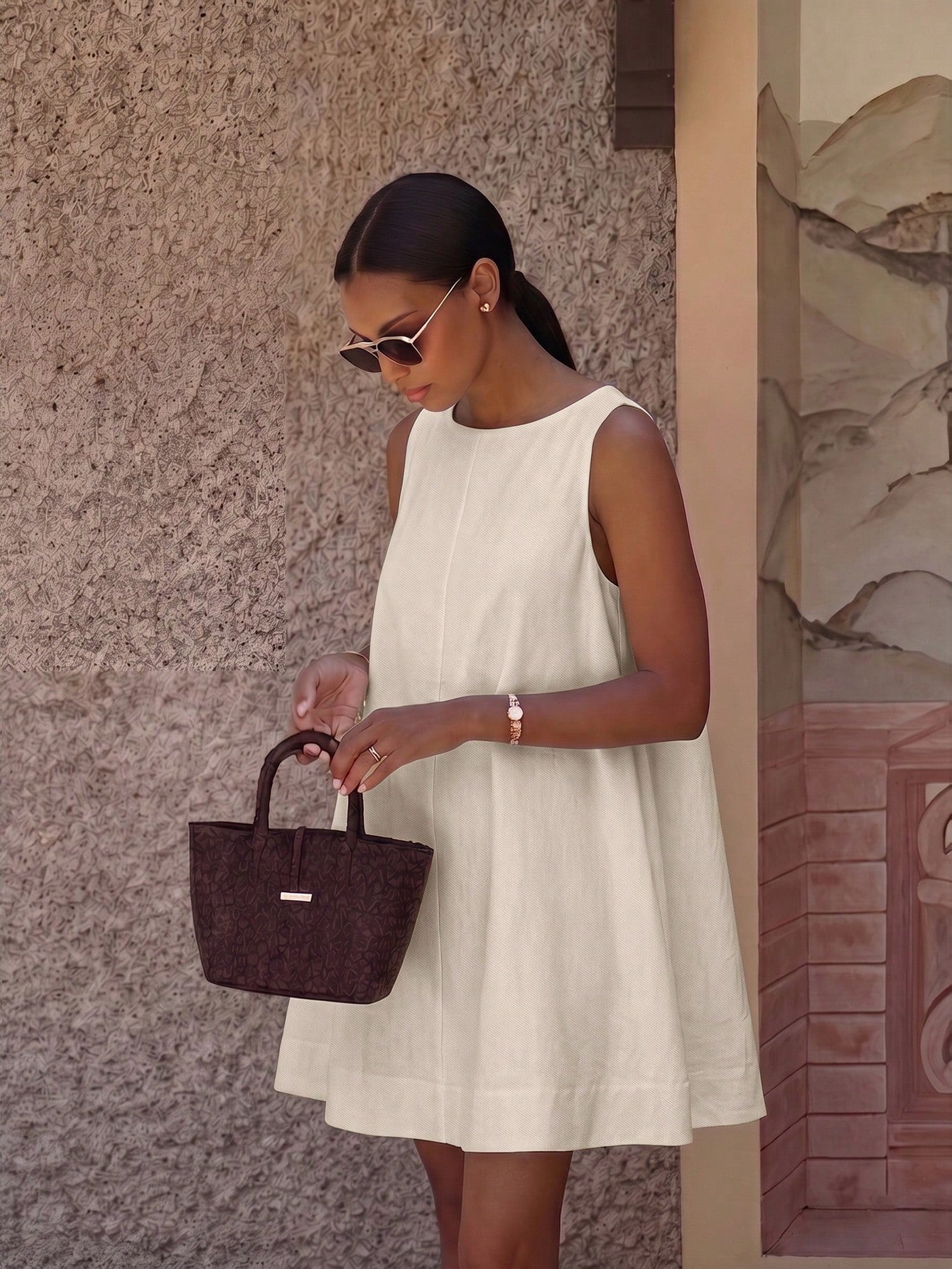 2026 Spring/Summer Women's New Round Neck Casual Elegant Daily Holiday Outing Date Outfit Round Neck Sleeveless Loose A-Line Mini White Dress, Street Style, Party Dress, Women's Vacation Outfit, Women