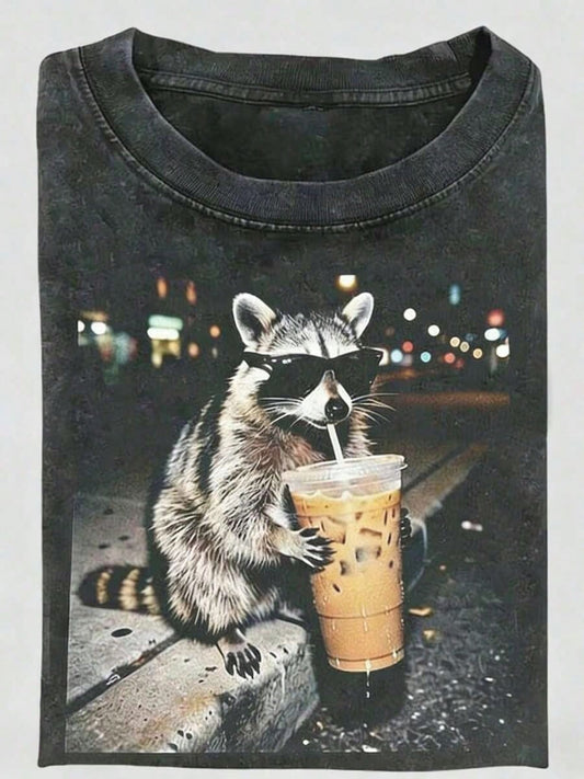 2026 Summer ClothesMen's Washed T-Shirt,Funny Raccoon Drinking Iced Coffee Shirt, Animal Meme Graphic Tee, Gift For Men, Women,Summer FitsLoose And