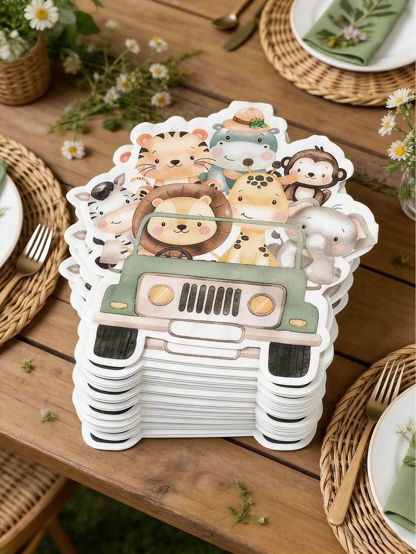 20pcs Animal Shaped Paper Napkins, Suitable For Baby Shower Party Tableware, Jungle Animal Party Disposable Napkins, Applicable For Jungle Animal Birthday Party Decorations, Baby Shower Decorations, G