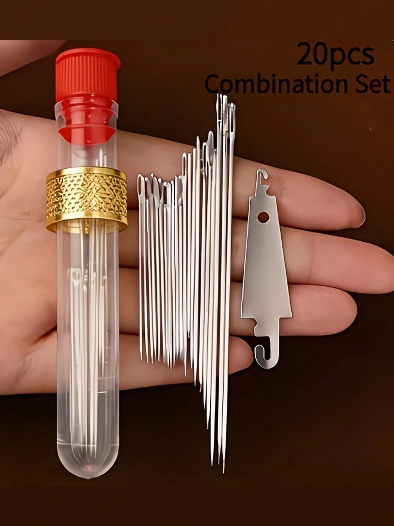 20pcs Big Eye Needle Threader Set, Traditional Steel Needles For Elderly, Handwork Sewing Clothes & Quilts (Random Color Needle Holder: Red Or Blue), Fine Needles For Handmade Sewing, Clothes, Quilts,