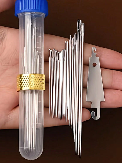 20pcs Big Eye Needle Threader Set, Traditional Steel Needles For Elderly, Handwork Sewing Clothes & Quilts (Random Color Needle Holder: Red Or Blue), Fine Needles For Handmade Sewing, Clothes, Quilts,