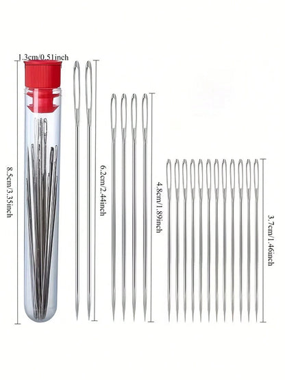 20pcs Big Eye Needle Threader Set, Traditional Steel Needles For Elderly, Handwork Sewing Clothes & Quilts (Random Color Needle Holder: Red Or Blue), Fine Needles For Handmade Sewing, Clothes, Quilts,