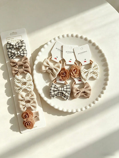 20Pcs Bow Hair Ties & Hair Clips Set, Plaid Polka Dot Knitted Flower Bowknot Elastic Hair Bands Barrettes, Cute Toddler Hair Accessories For Daily