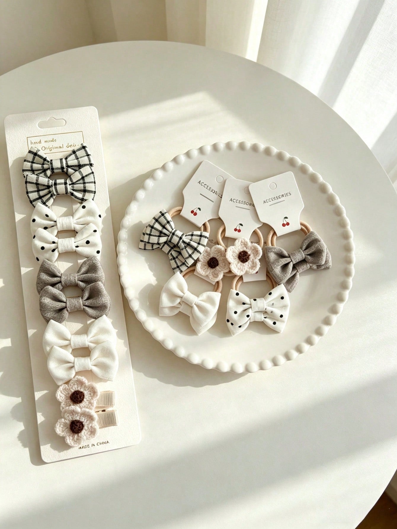 20Pcs Bow Hair Ties & Hair Clips Set, Plaid Polka Dot Knitted Flower Bowknot Elastic Hair Bands Barrettes, Cute Toddler Hair Accessories For Daily