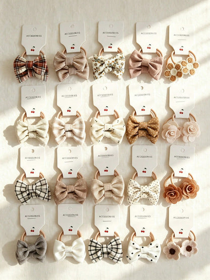 20Pcs Bow Hair Ties & Hair Clips Set, Plaid Polka Dot Knitted Flower Bowknot Elastic Hair Bands Barrettes, Cute Toddler Hair Accessories For Daily