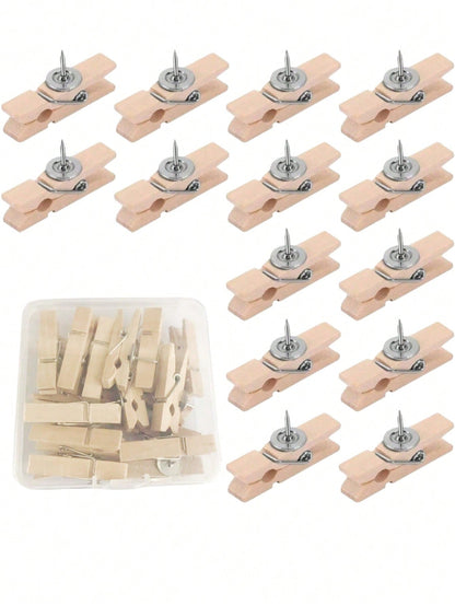 20pcs Creative Wooden Clips, Photo Clips, Cork Board Pins, Multipurpose Pins Suitable For Cork Boards And Bulletin Boards, Office And Classroom Decor