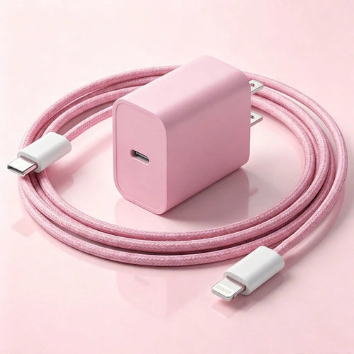 20W Wall Fast Charging Set Pink Charging Adapter, With 3.3FT/100cm Long Nylon Braided Charging Cable Anti-Tangle Data Cable USB-C To Apple IOS Charging Set, Compatible With IPhone 14 13 12 11 Pro Max